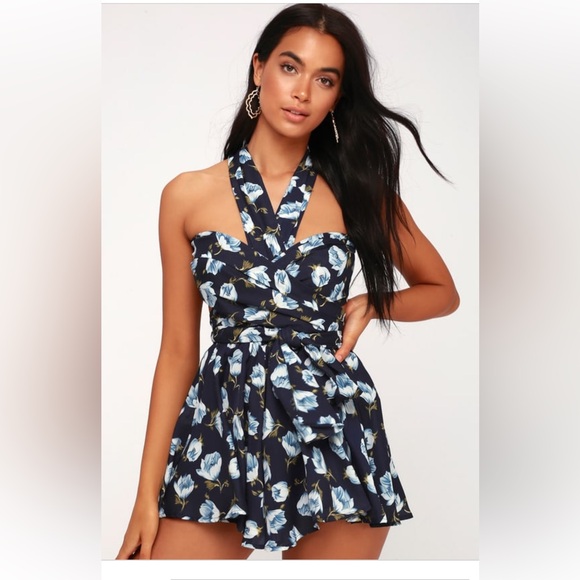 Lulu’s Elated Energy Blue Floral Print Convertible Romper - Picture 2 of 11